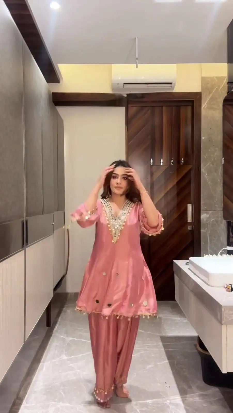 Peach Coss Moss Embroidery Mirror Work Salwar Suit