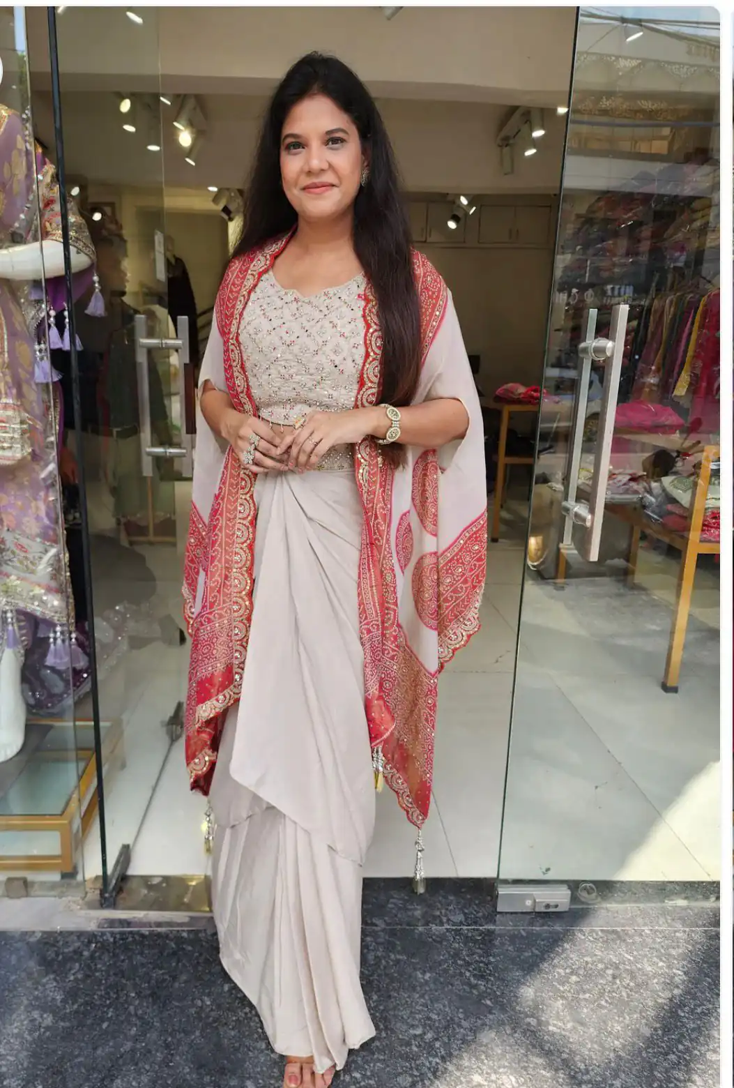 Peach Crap Silk Embroidery Mirror Work Dhoti Suit