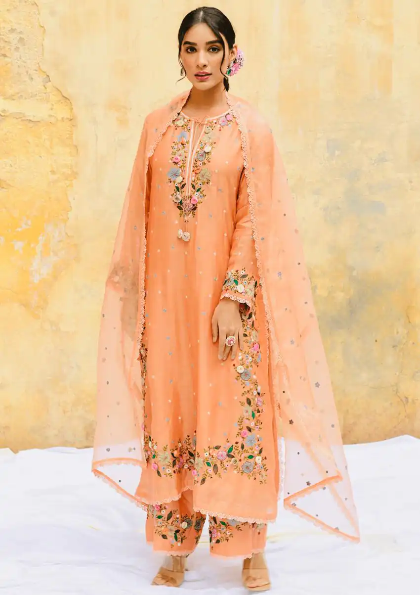 Peach Faux Georgette Embroidery Lace Work Salwar Suit - Image 2