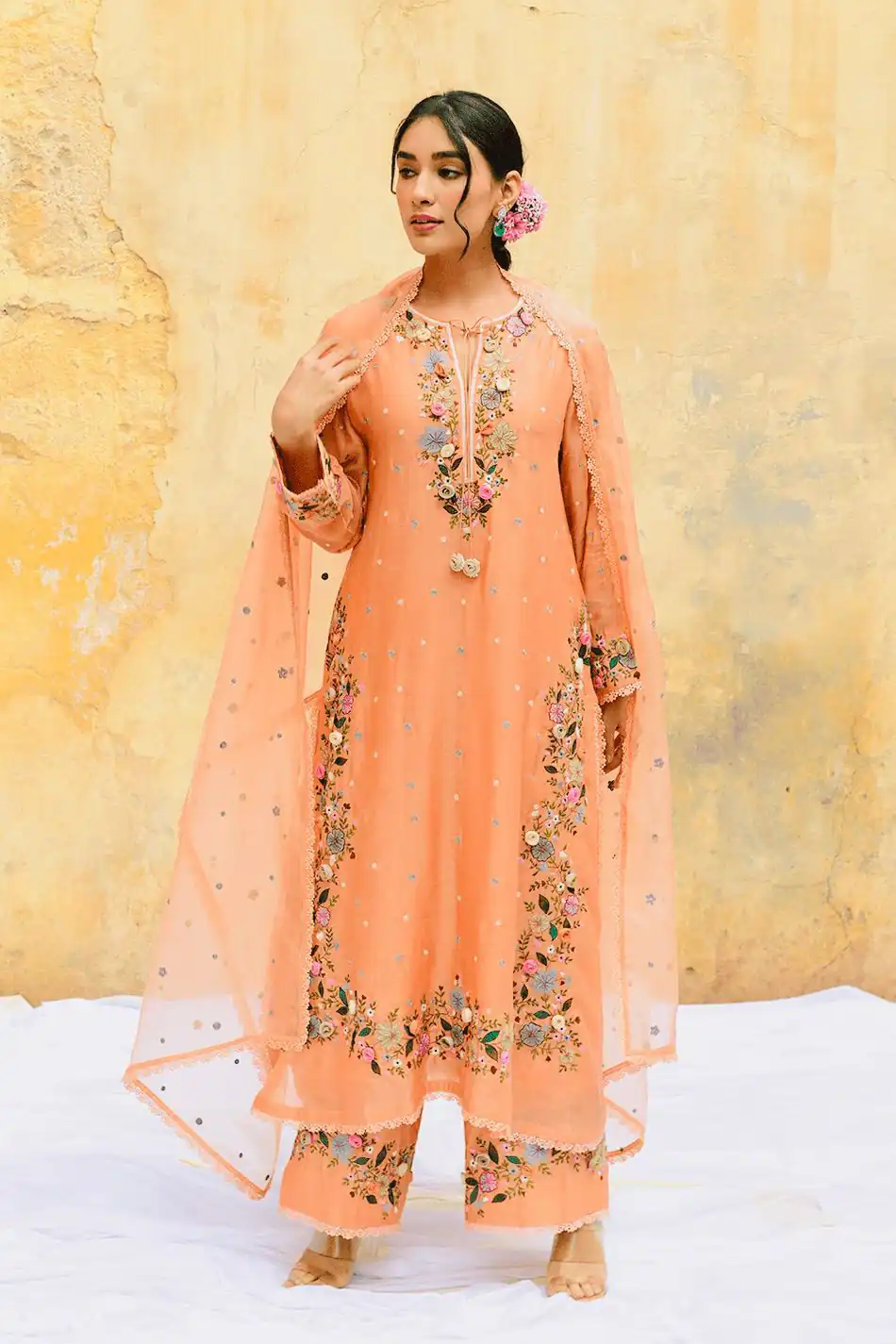 Peach Faux Georgette Embroidery Lace Work Salwar Suit