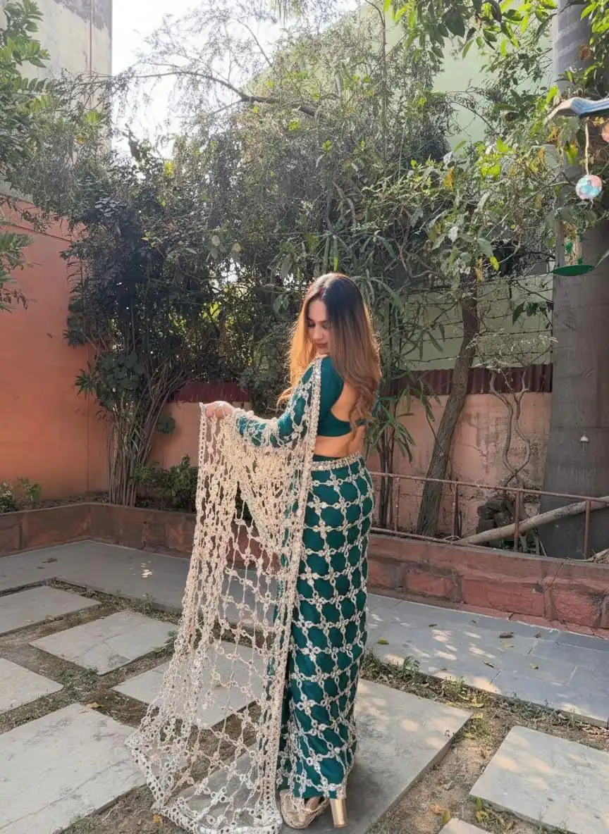 Peacock Blue Fendy Silk Lace Mirror Work Saree