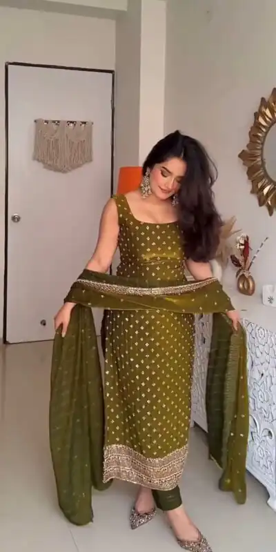 KD 1577 Mehendi Fendy Silk Salwar Suit with Mirror Work & Embroidery Work. Best Price ₹1999. Delivery 4-6 Working Days. Shop now. | Jump Suits, Salwar suit, Casual Suits, Creative suits, Designer Suits, Palazzo Suits, Party Wear Suits, Patiala Suits, Straight Suits