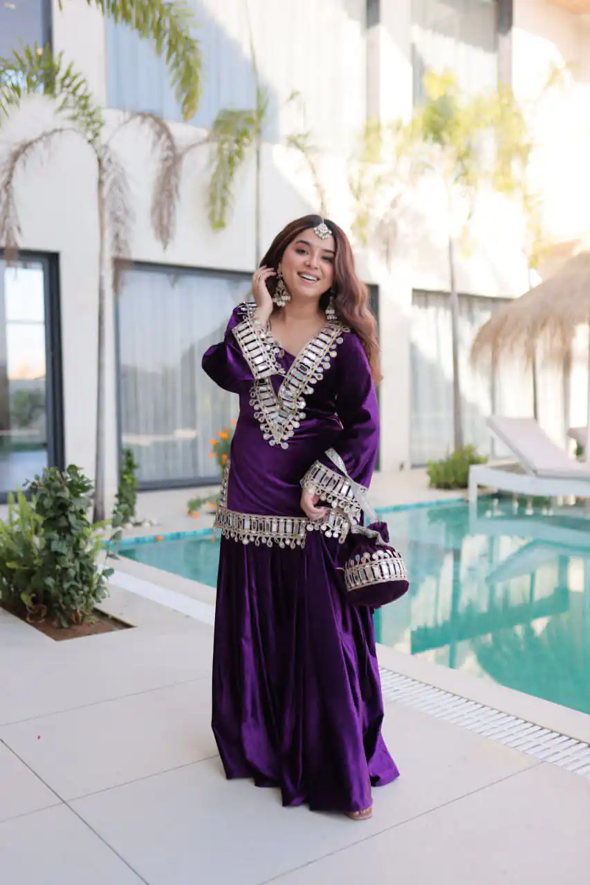 Z 111 Purple in Color 9000 Velvet. Mirror Work & Embroidery Work Salwar Suit Get it for ₹1999. Delivery 4-6 Working Days. Shop now. | Jump Suits, Salwar suit, Casual Suits, Creative suits, Designer Suits, Palazzo Suits, Party Wear Suits, Patiala Suits, Straight Suits