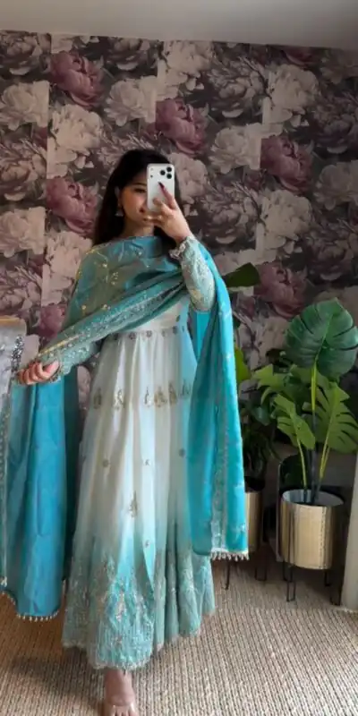 RTC 5986 White Star Gorgette Salwar Suit with Designer Work. Affordable Price ₹2599. Delivery 4-6 Working Days. Shop now. | Anarkali Suits, Bollywood Anarkali, Creative-Anarkali, Designer Anarkali, Embroidered Anarkali, Party Wear Anarkali