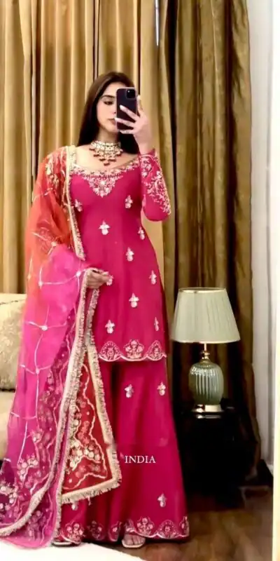Pink Chinon Silk Embroidery Work Sawlar Suit