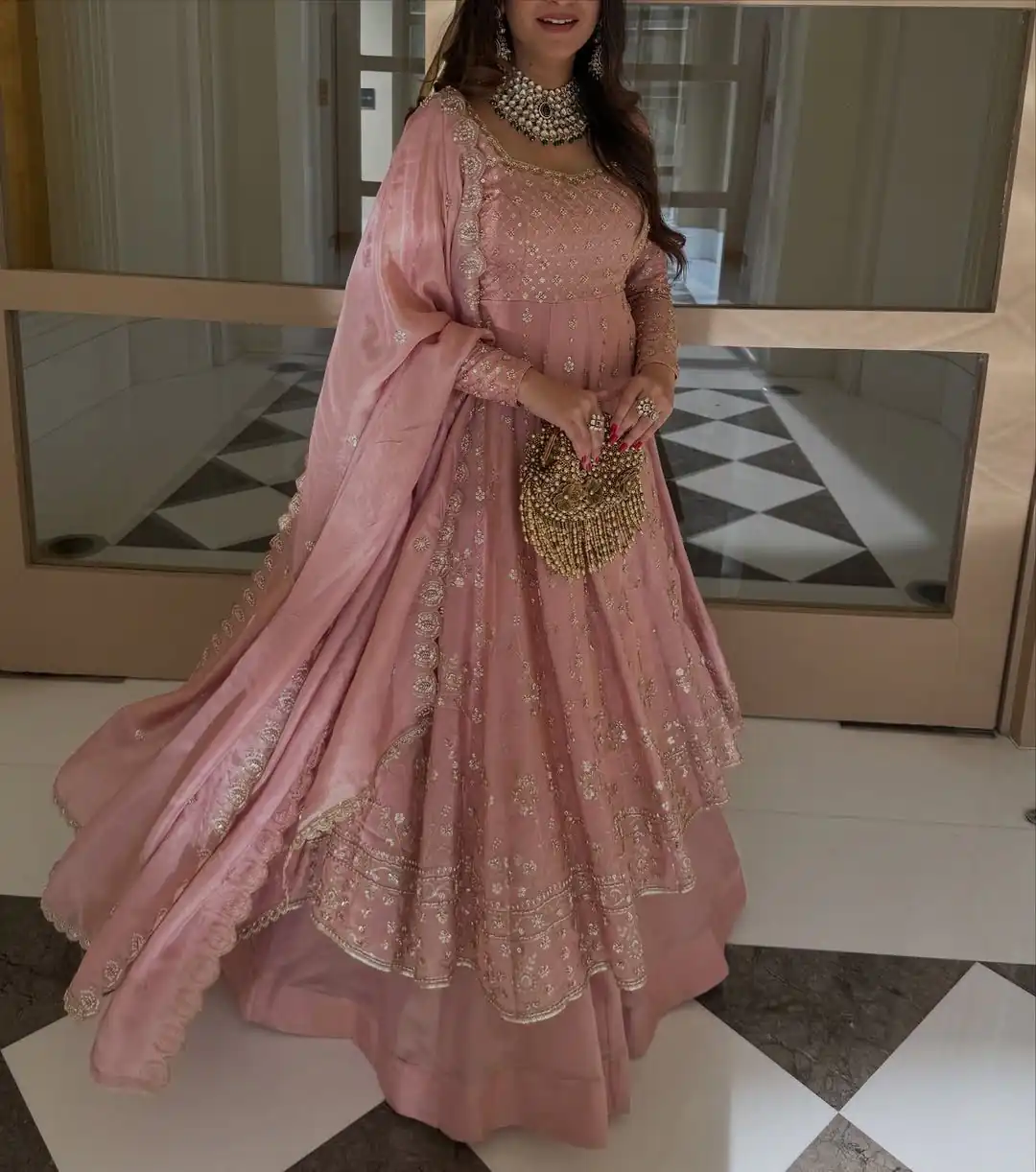 Pink Chinon Silk Lace Embroidery Work Lehenga Choli