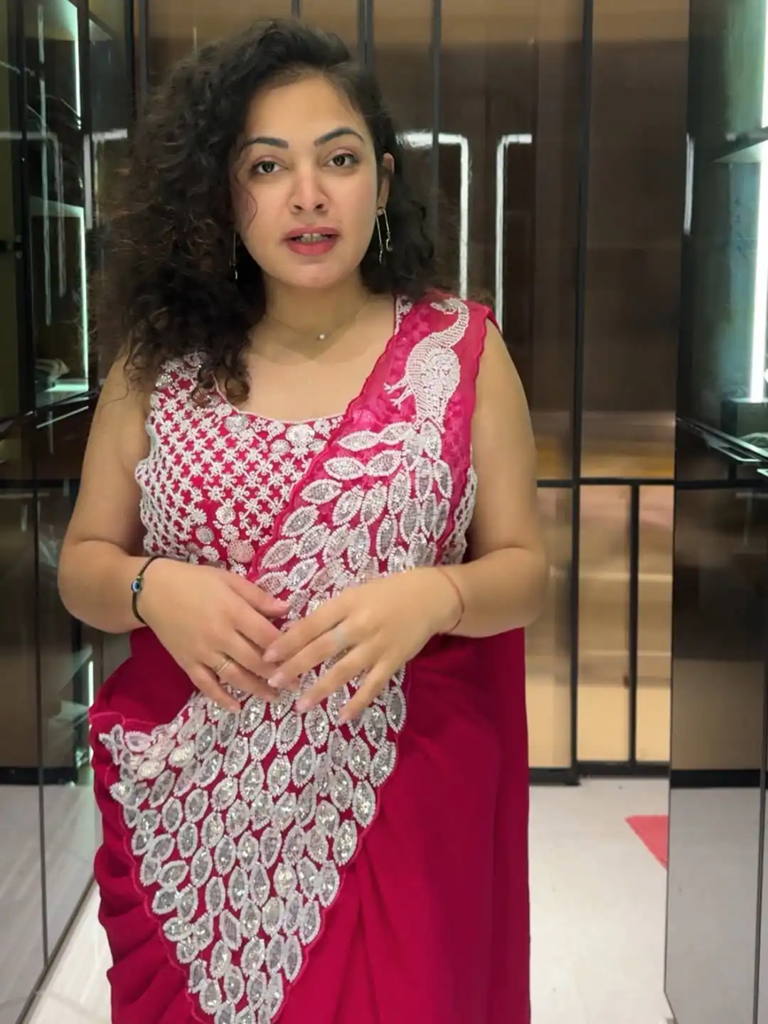 Pink Faux Georgette Embroidery Sequins Work Saree - Image 7