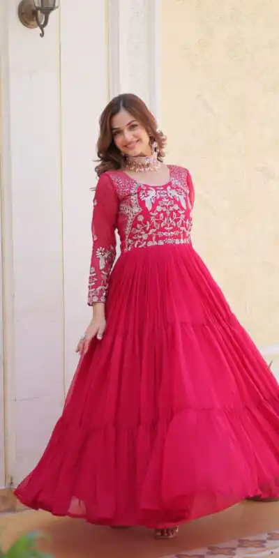 Ram 083 Pink Fox Georgette Sequence Work Gown . Wedding, Party, Festive, Events Grab it for βΉ1749. Delivery 4-6 Working Days. Shop now. | Gowns, Bollywood Gowns, Creative Gowns, Designer Gowns, Embroidered Gowns, Party Wear Gowns