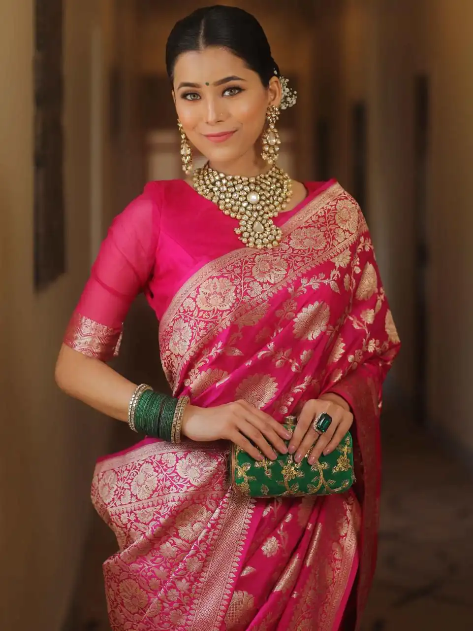 Pink Soft Lichi Silk All Over Work Saree - Image 3