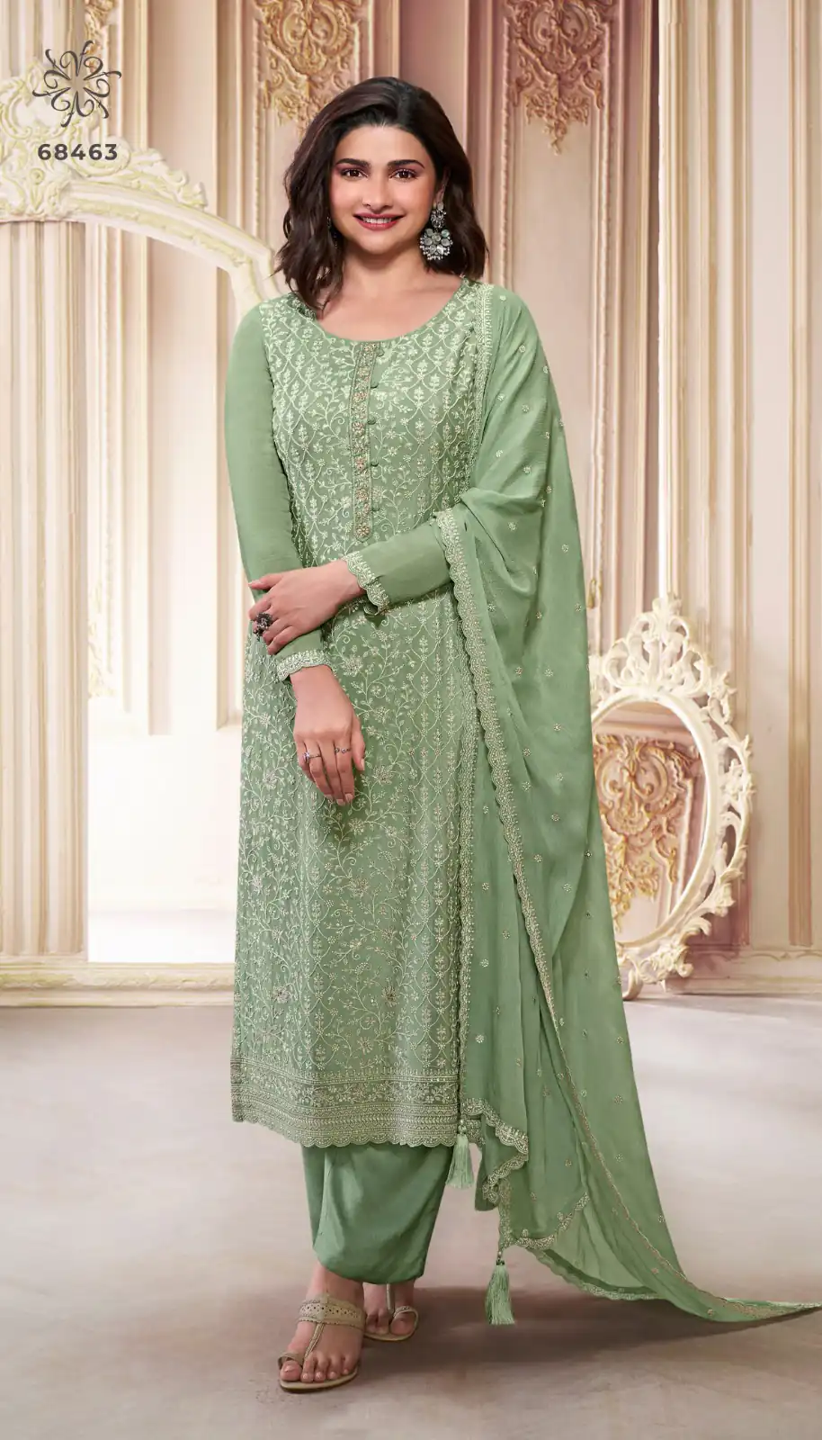 Pista Chinon Zari Embroidery Work Salwar Suit