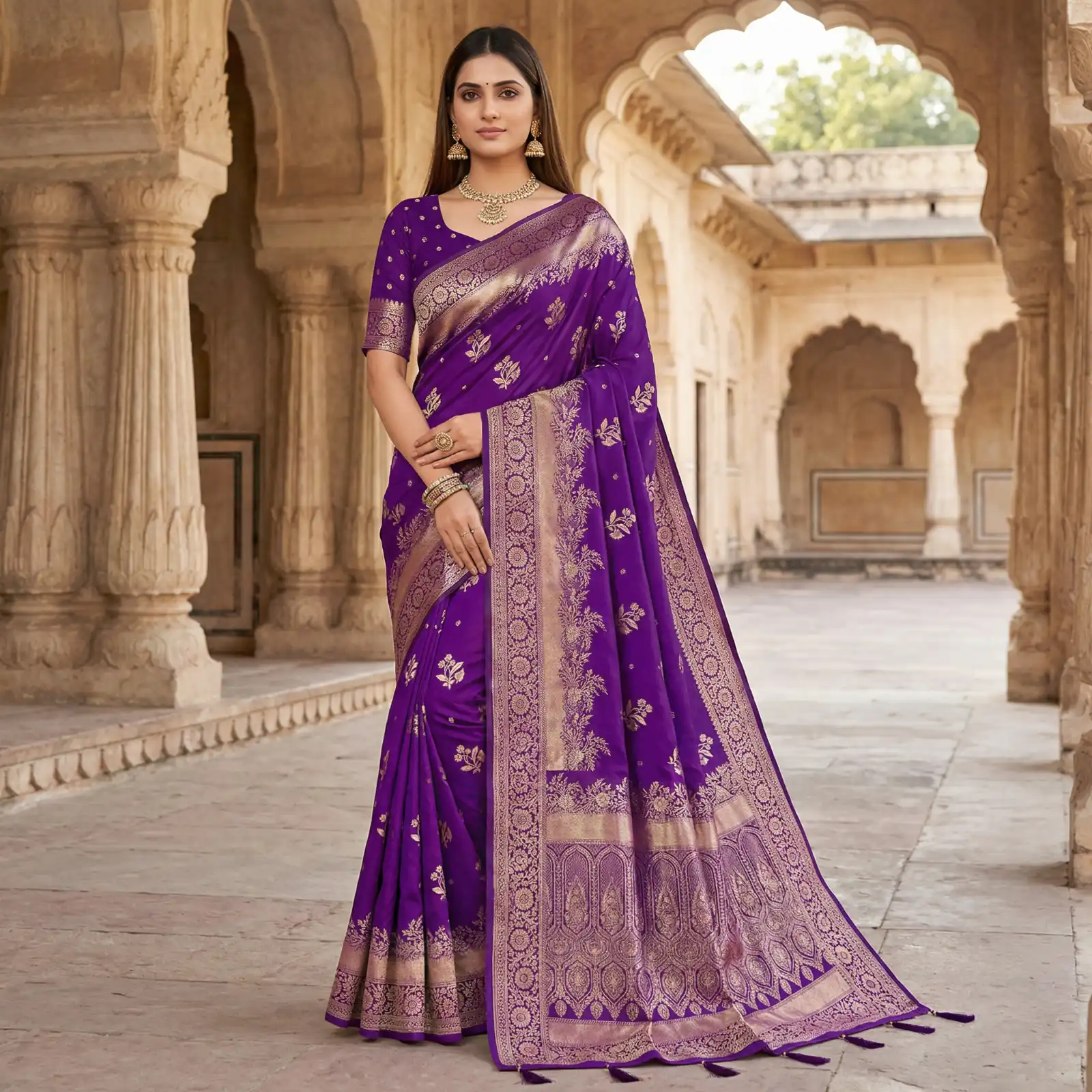 Purple Banarasi Zari Lace Work Saree