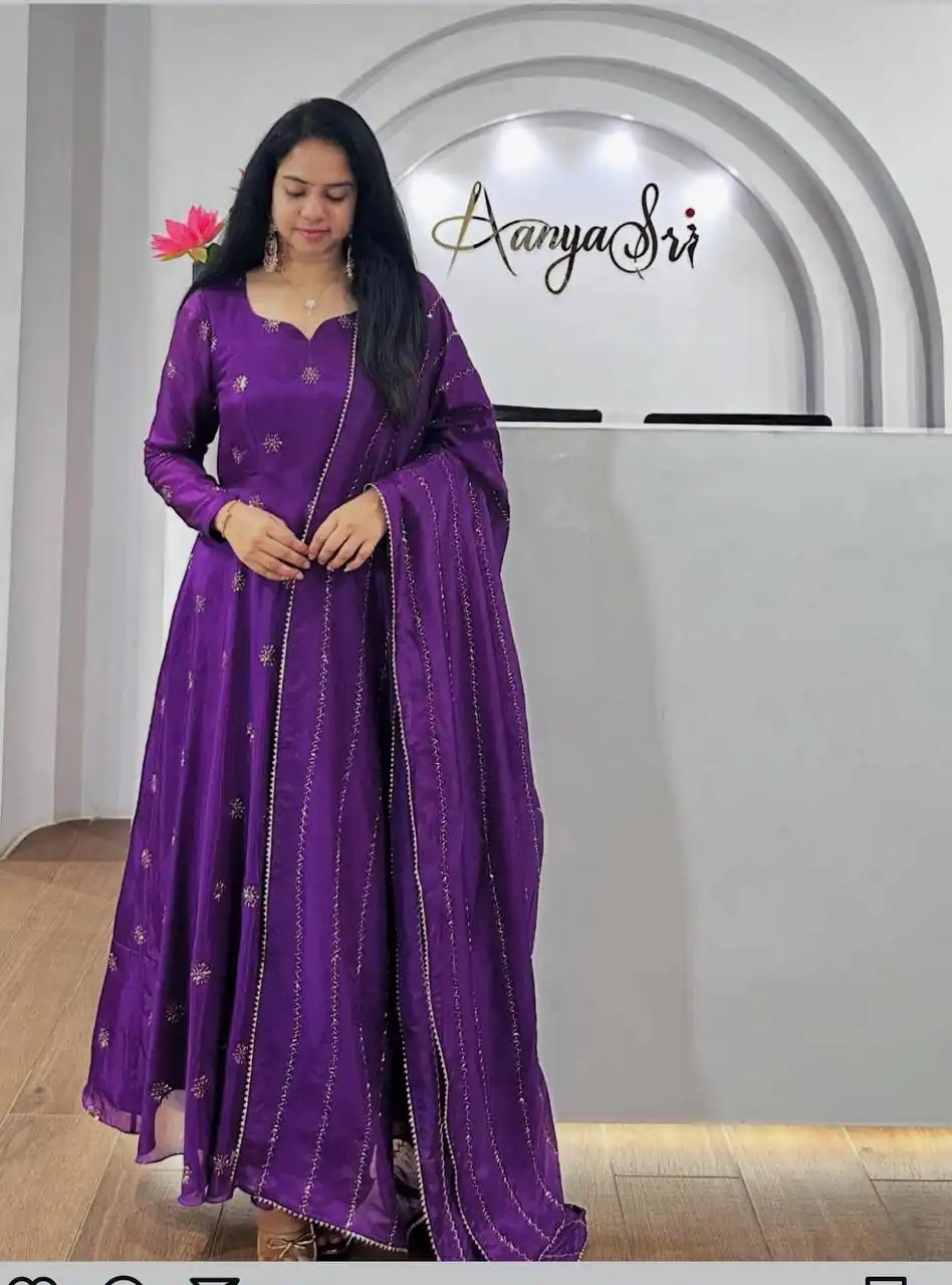 Purple Chinon Embroidery Work Gown - Image 2