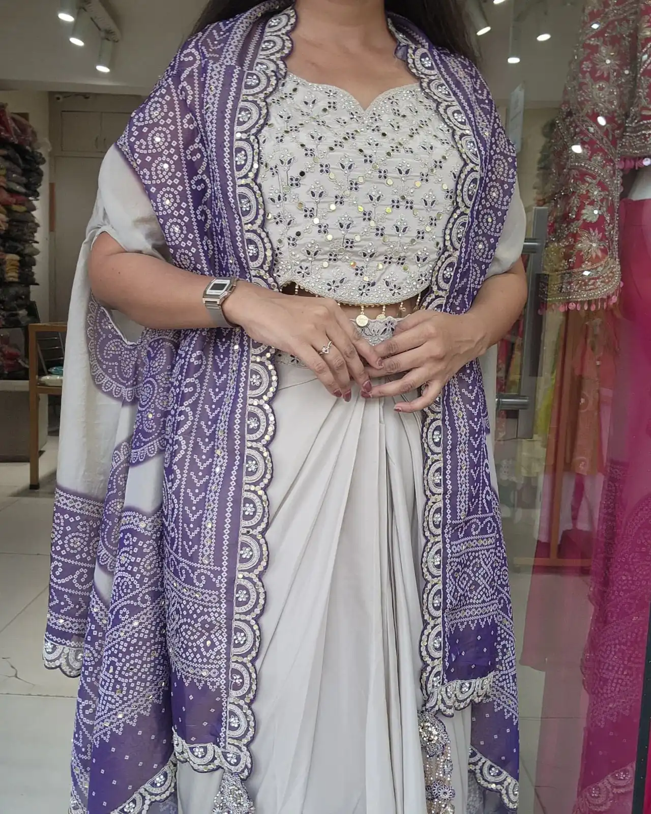 Purple Crap Silk Embroidery Mirror Work Dhoti Suit - Image 3