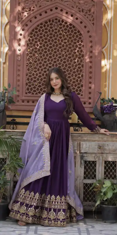 KA 1143 Purple Faux Georgette Sequence Work Gown Gown. Wedding, Party, Festive, Events Grab it for ₹2649. Delivery 4-6 Working Days. Shop now. | Gowns, Bollywood Gowns, Creative Gowns, Designer Gowns, Embroidered Gowns, Party Wear Gowns