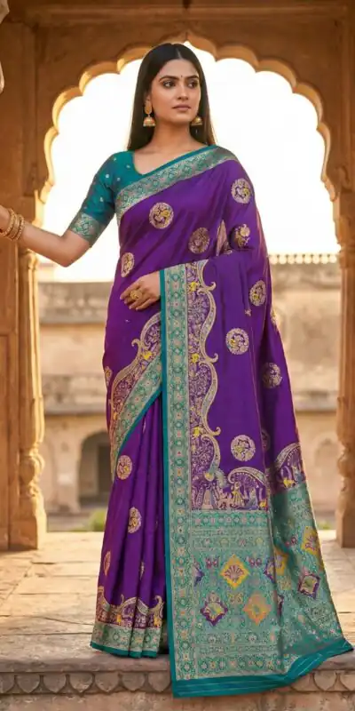 Purple Pashmina Silk Woven Lace Border Saree