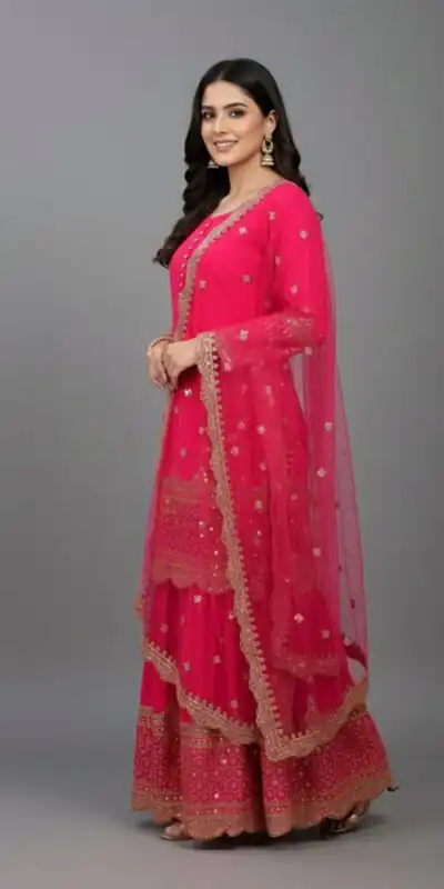 ZF 250 Rani Pink Color Faux Georgette Embroidery Sequence Work Sharara Suit Wedding, Party, Festive, Events Etc. Expected Delivery 4-6 Working Days @2099/- | Jump Suits, Salwar suit, Casual Suits, Creative suits, Designer Suits, Palazzo Suits, Party Wear Suits, Patiala Suits, Straight Suits