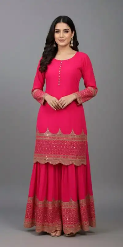 ZF 250 Rani Pink Color Faux Georgette Embroidery Sequence Work Sharara Suit Wedding, Party, Festive, Events Etc. Expected Delivery 4-6 Working Days @2099/- | Jump Suits, Salwar suit, Casual Suits, Creative suits, Designer Suits, Palazzo Suits, Party Wear Suits, Patiala Suits, Straight Suits