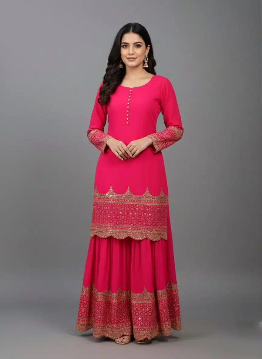 ZF 250 Rani Pink Color Faux Georgette Embroidery Sequence Work Sharara Suit Wedding, Party, Festive, Events Etc. Expected Delivery 4-6 Working Days @2099/- | Jump Suits, Salwar suit, Casual Suits, Creative suits, Designer Suits, Palazzo Suits, Party Wear Suits, Patiala Suits, Straight Suits