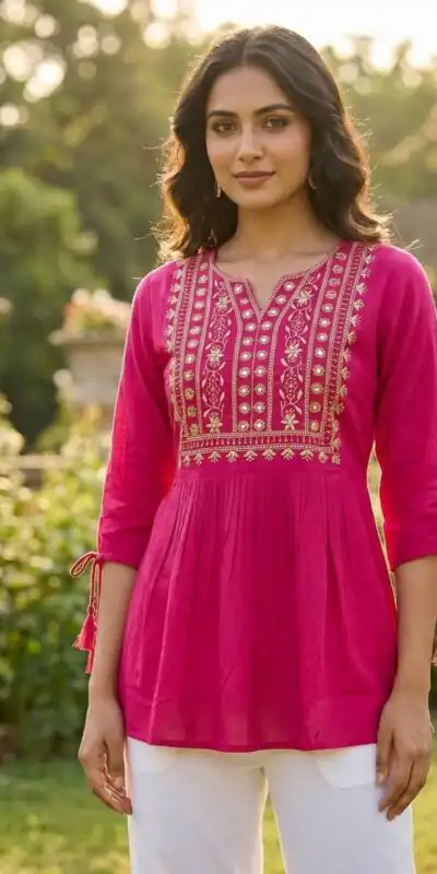 Rani Pink Rayon Thread Work Fancy Kurti