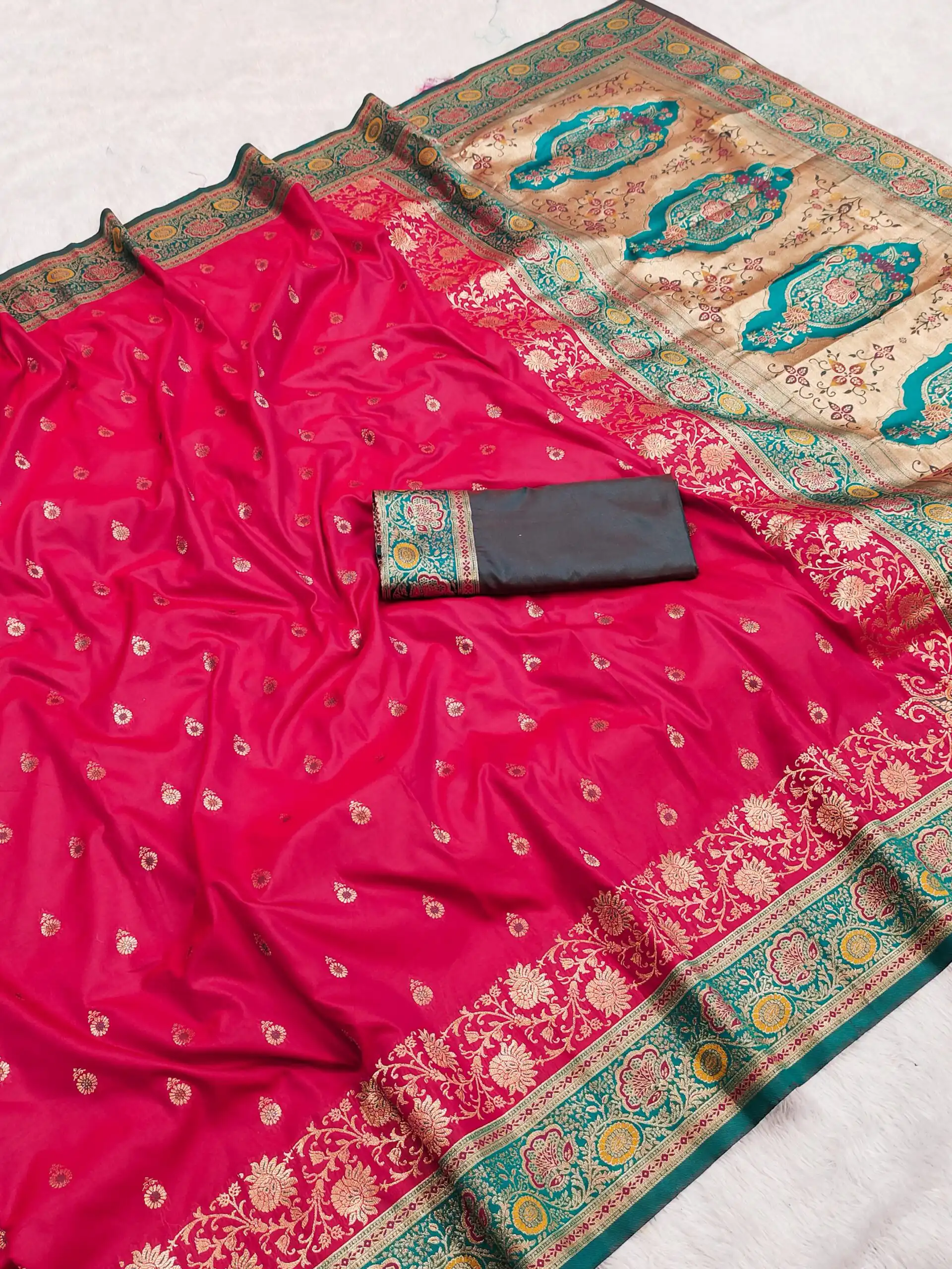 Red Banarasi Silk Gold Zari Border Saree