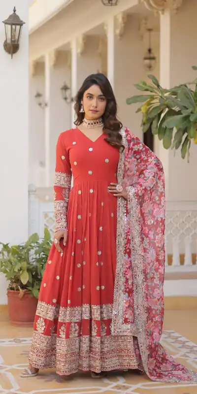 KA 1078 Red Faux Georgette Gown Perfect for Wedding, Party, Makar Sankranti, Karwa Chauth, Ethnic Day β . Now at just βΉ3349. Delivery 4-6 Working D | Gowns, Bollywood Gowns, Creative Gowns, Designer Gowns, Embroidered Gowns, Party Wear Gowns