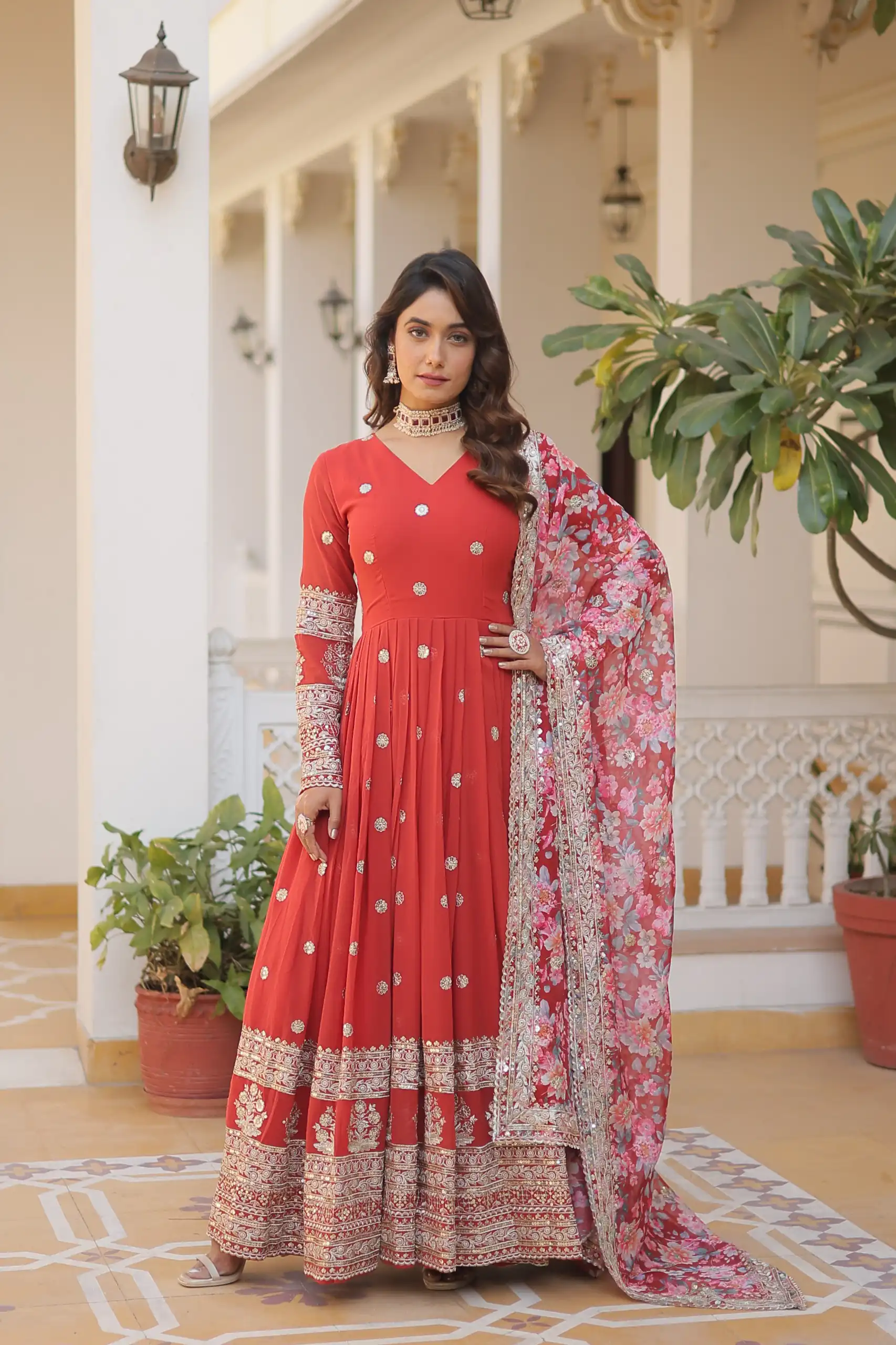 Red Faux Georgette With Embroidery Work Gown