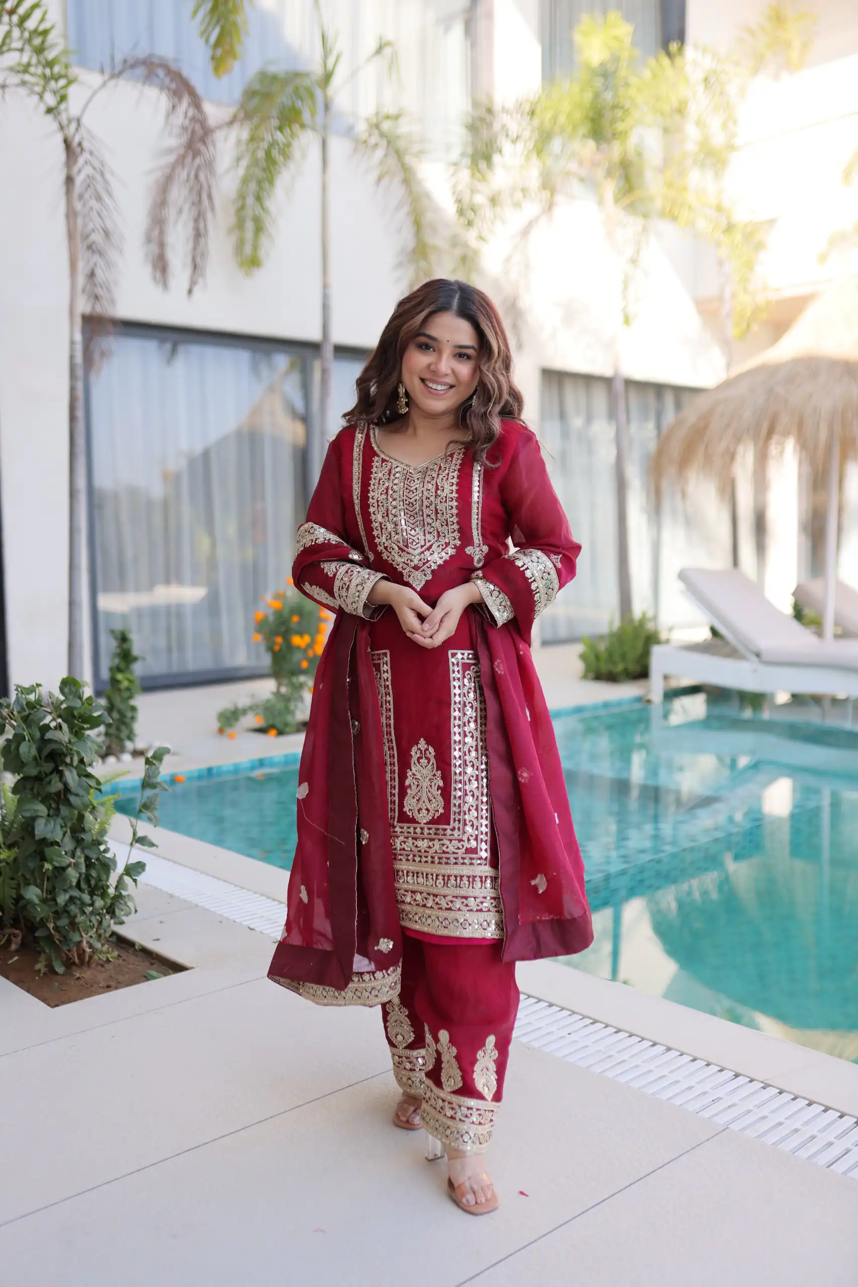 Red Fendi Silk Embroidery Sequins Work Salwar Suit - Image 3