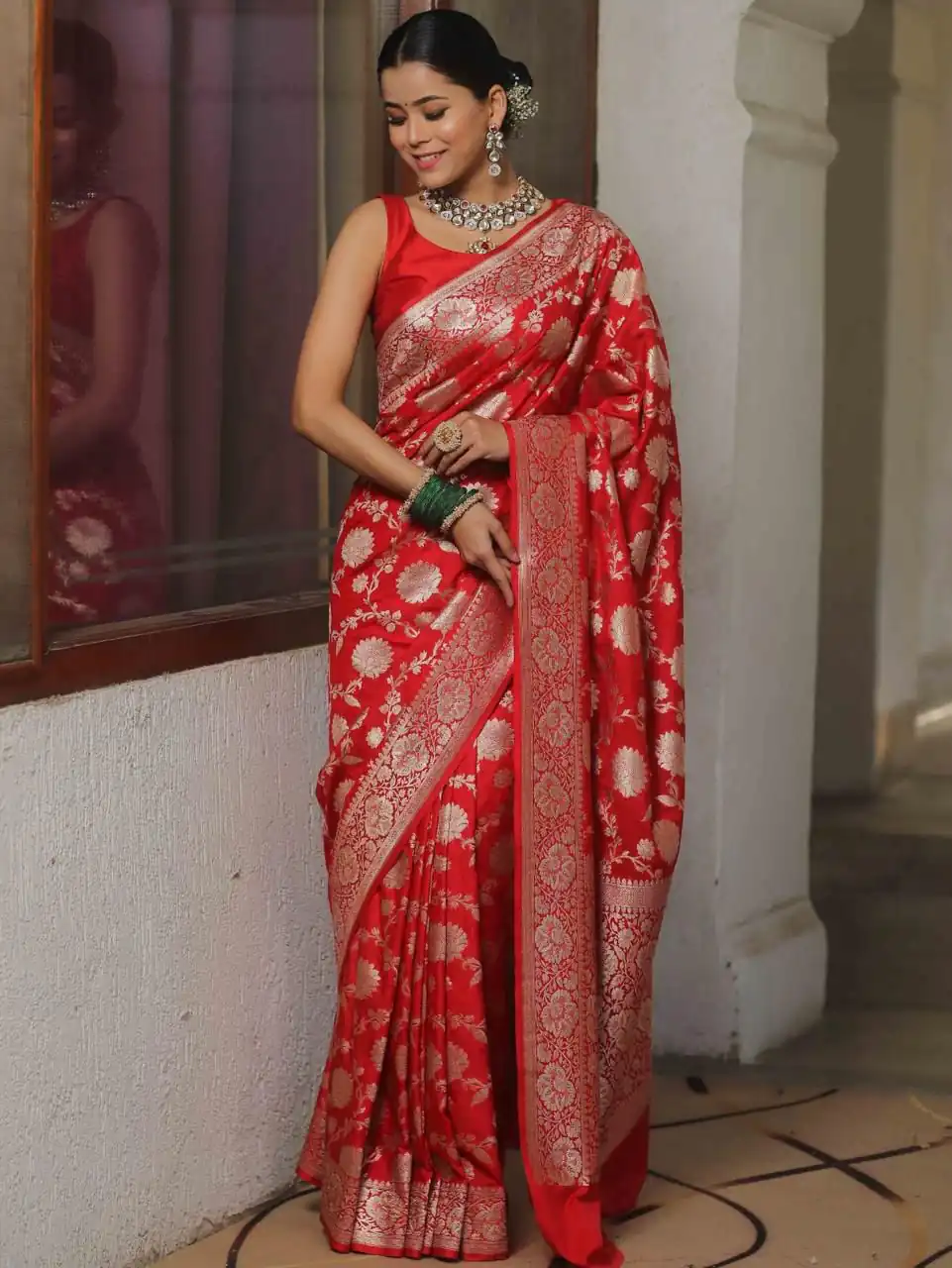 Red Soft Lichi Silk All Over Work Saree