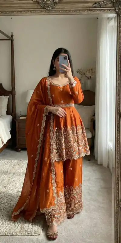 ZSR 3162 Rust Fendy Silk Salwar Suit with Mirror Work & Embroidery Work. Best Price ₹2149. Delivery 4-6 Working Days. Shop now. | Jump Suits, Salwar suit, Casual Suits, Creative suits, Designer Suits, Palazzo Suits, Party Wear Suits, Patiala Suits, Straight Suits