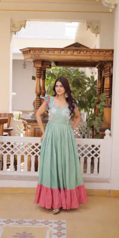 Sea Green Cotton Sequins Embroidery Work Gown