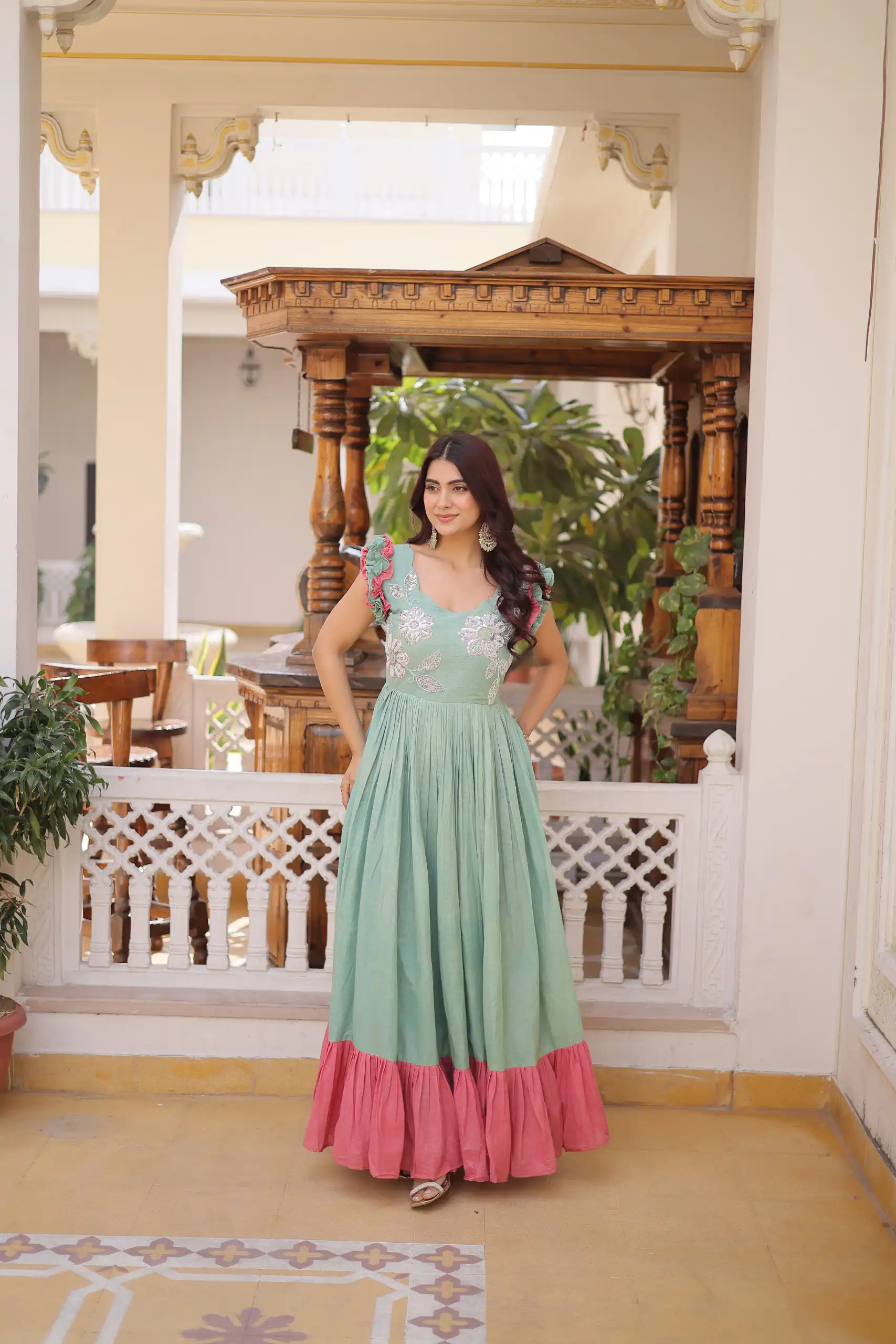 Sea Green Cotton Sequins Embroidery Work Gown