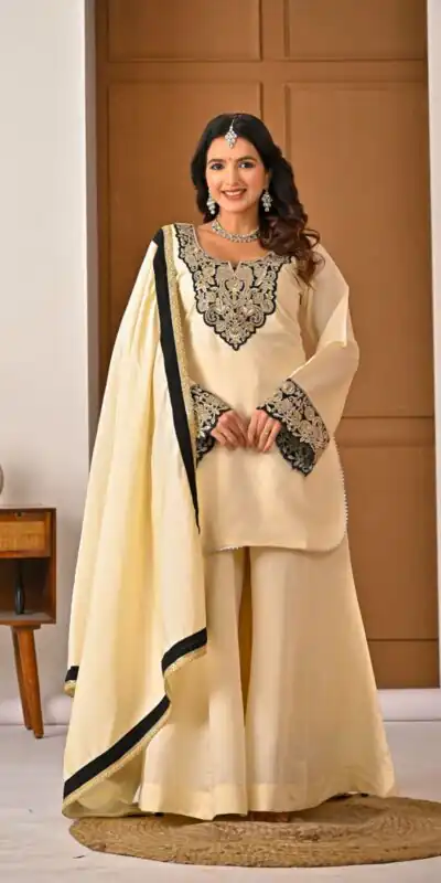 MD 3079 Cream Color Roman Silk Salwar Suit with Embroidery Work. Available at ₹2499 only. Delivery 4-6 Working Days. Shop now. | Jump Suits, Salwar suit, Casual Suits, Creative suits, Designer Suits, Palazzo Suits, Party Wear Suits, Patiala Suits, Straight Suits