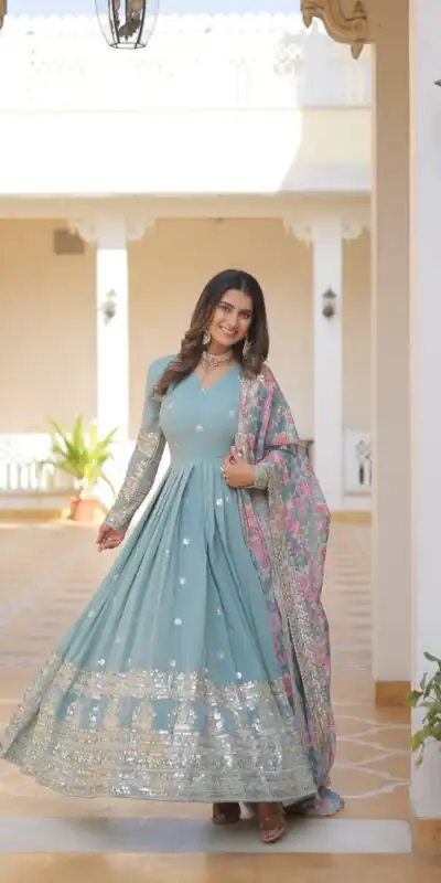 KA 1078 Sky Blue Faux Georgette Gown Perfect for Wedding, Party, Makar Sankranti, Karwa Chauth, Ethnic Day β . Now at just βΉ3349. Delivery 4-6 Working D | Gowns, Bollywood Gowns, Creative Gowns, Designer Gowns, Embroidered Gowns, Party Wear Gowns