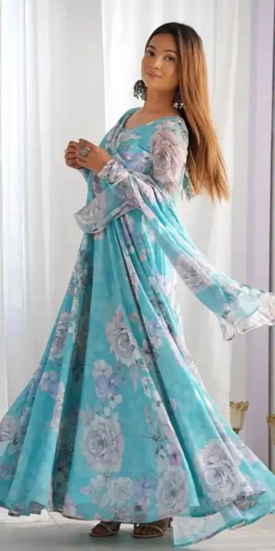 KB 292 Sky Blue Fox Georgette Gown Perfect for Wedding, Party, Ganesh Chaturthi, Haldi, Lohri – . Grab it for ₹1849. Delivery 4-6 Working Days. | Gowns, Bollywood Gowns, Creative Gowns, Designer Gowns, Embroidered Gowns, Party Wear Gowns