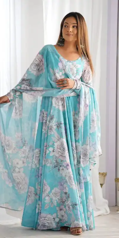 KB 292 Sky Blue Fox Georgette Gown Perfect for Wedding, Party, Ganesh Chaturthi, Haldi, Lohri – . Grab it for ₹1849. Delivery 4-6 Working Days. | Gowns, Bollywood Gowns, Creative Gowns, Designer Gowns, Embroidered Gowns, Party Wear Gowns