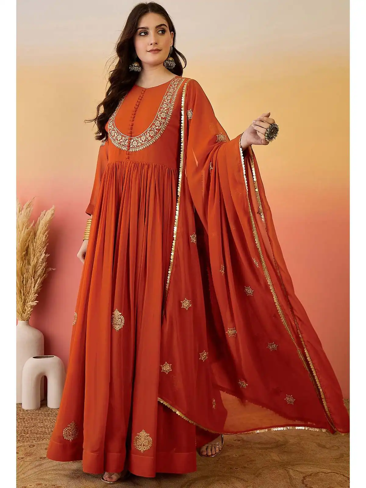 ZF 501 Rust Color Fox Blooming Georgette Gown with Lace Work. Affordable Price ₹2149. Delivery 4-6 Working Days. Shop now. | Gowns, Bollywood Gowns, Creative Gowns, Designer Gowns, Embroidered Gowns, Party Wear Gowns