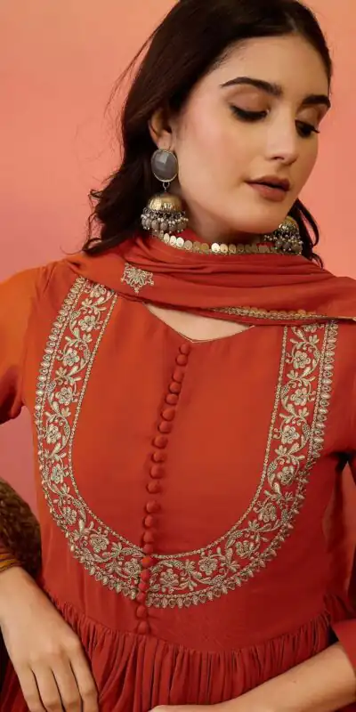 ZF 501 Rust Color Fox Blooming Georgette Gown with Lace Work. Affordable Price ₹2149. Delivery 4-6 Working Days. Shop now. | Gowns, Bollywood Gowns, Creative Gowns, Designer Gowns, Embroidered Gowns, Party Wear Gowns