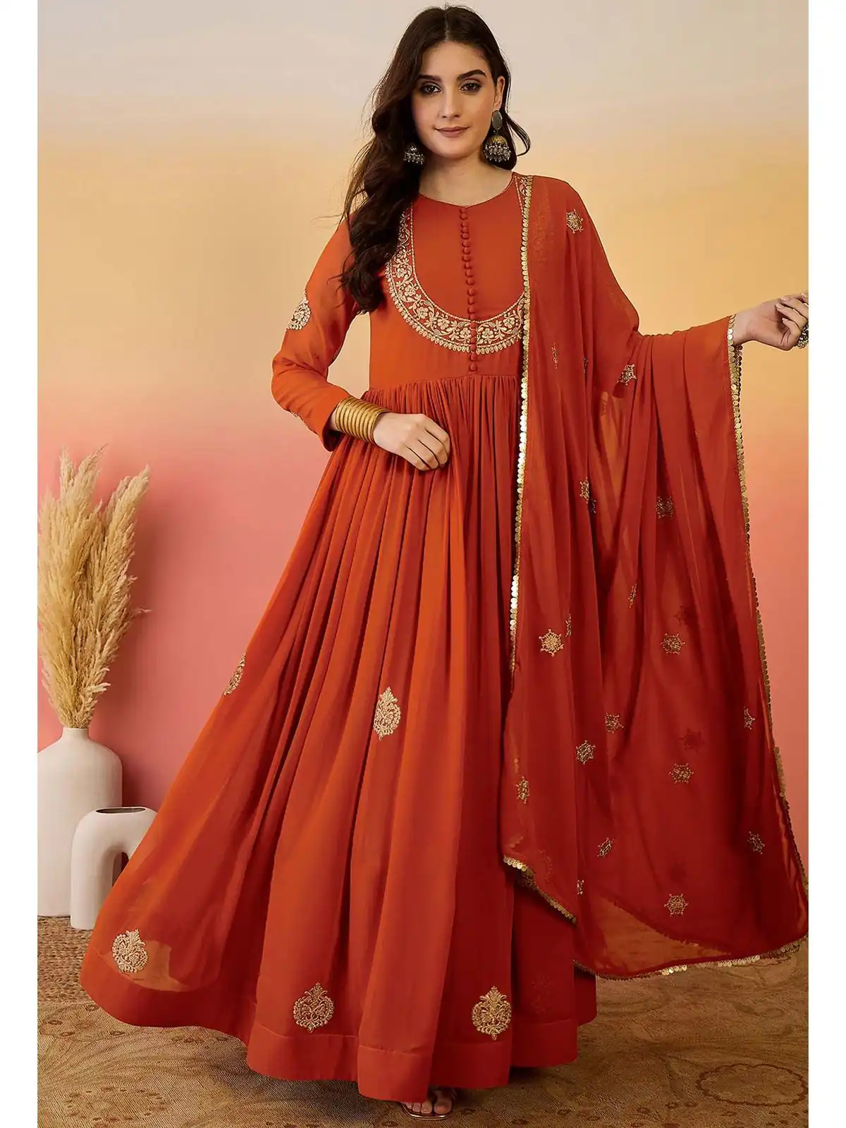 ZF 501 Rust Color Fox Blooming Georgette Gown with Lace Work. Affordable Price ₹2149. Delivery 4-6 Working Days. Shop now. | Gowns, Bollywood Gowns, Creative Gowns, Designer Gowns, Embroidered Gowns, Party Wear Gowns