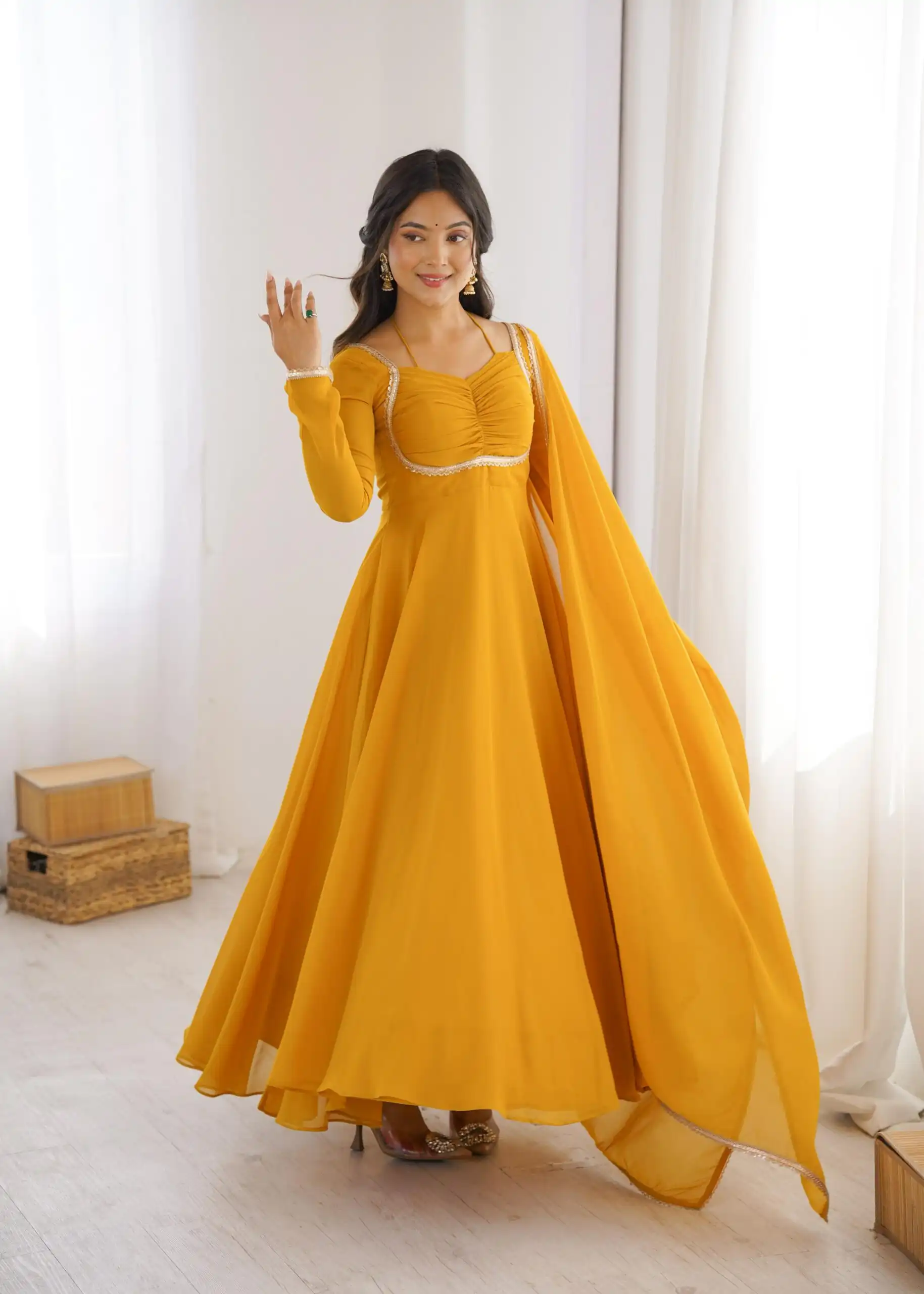KB 291 Yellow Color Fox Blooming Georgette Gown with Lace Work. Affordable Price ₹1899. Delivery 4-6 Working Days. Shop now. | Gowns, Bollywood Gowns, Creative Gowns, Designer Gowns, Embroidered Gowns, Party Wear Gowns
