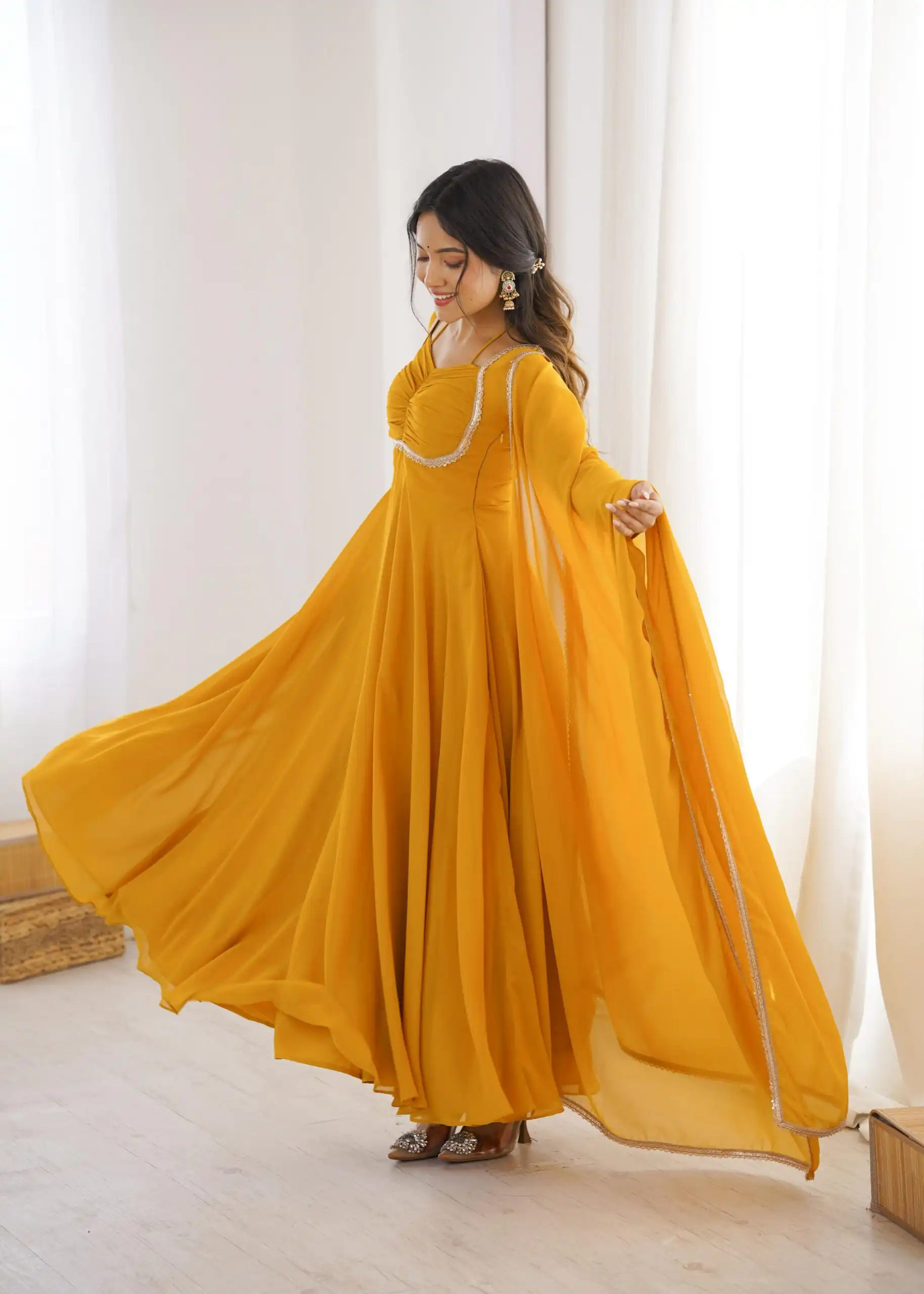 KB 291 Yellow Color Fox Blooming Georgette Gown with Lace Work. Affordable Price ₹1899. Delivery 4-6 Working Days. Shop now. | Gowns, Bollywood Gowns, Creative Gowns, Designer Gowns, Embroidered Gowns, Party Wear Gowns