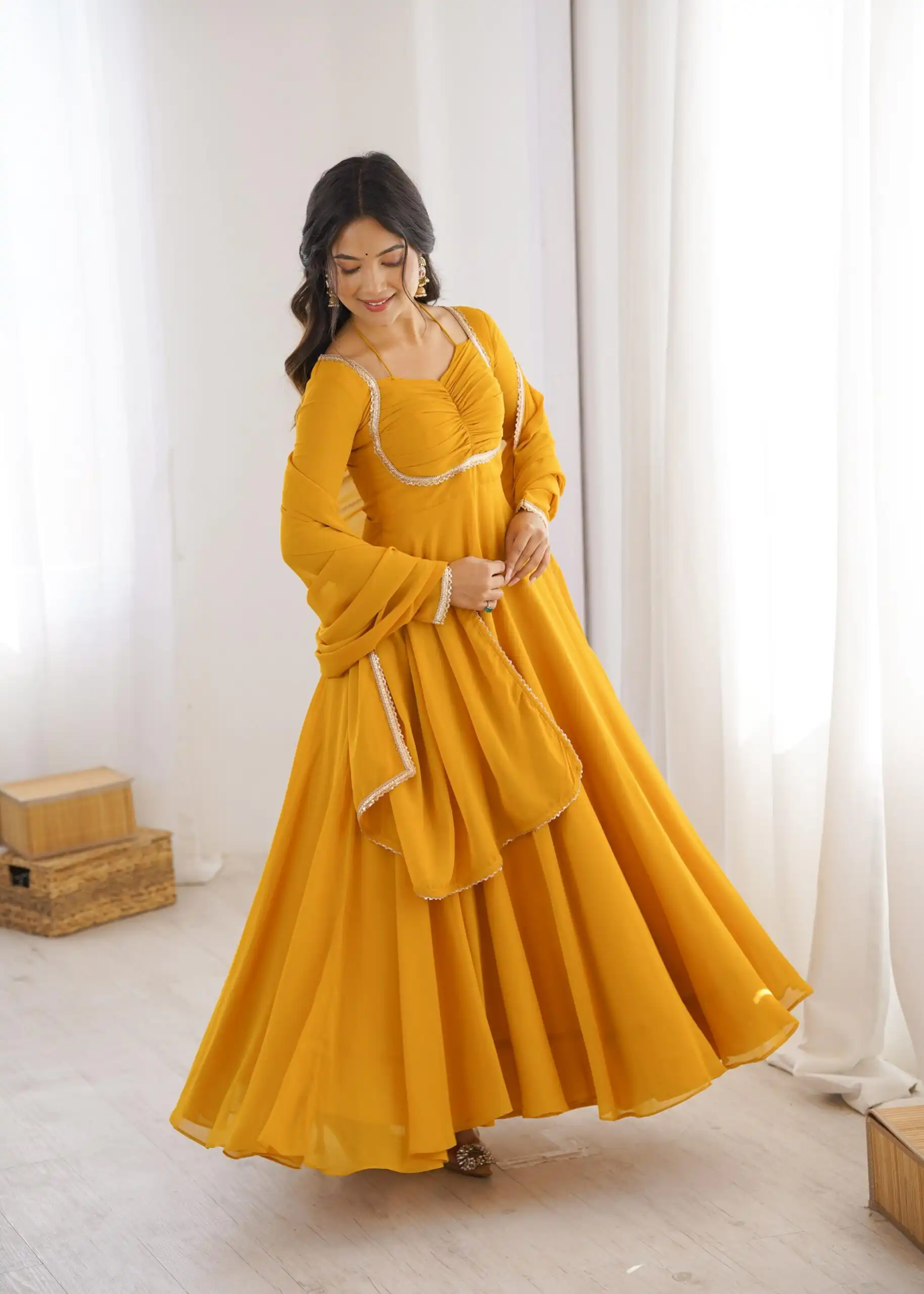 KB 291 Yellow Color Fox Blooming Georgette Gown with Lace Work. Affordable Price ₹1899. Delivery 4-6 Working Days. Shop now. | Gowns, Bollywood Gowns, Creative Gowns, Designer Gowns, Embroidered Gowns, Party Wear Gowns
