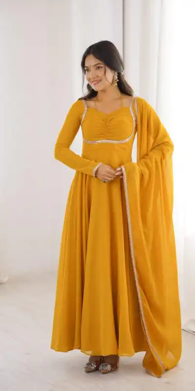 KB 291 Yellow Color Fox Blooming Georgette Gown with Lace Work. Affordable Price ₹1899. Delivery 4-6 Working Days. Shop now. | Gowns, Bollywood Gowns, Creative Gowns, Designer Gowns, Embroidered Gowns, Party Wear Gowns