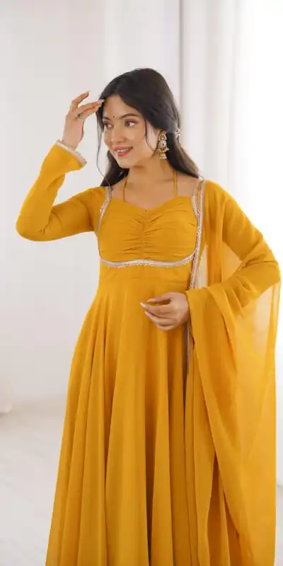 KB 291 Yellow Color Fox Blooming Georgette Gown with Lace Work. Affordable Price ₹1899. Delivery 4-6 Working Days. Shop now. | Gowns, Bollywood Gowns, Creative Gowns, Designer Gowns, Embroidered Gowns, Party Wear Gowns