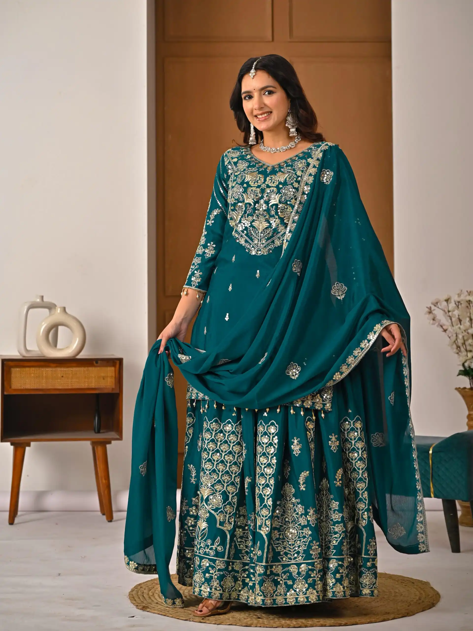 NF 1245 Teal Chinon Silk Lehenga Choli with Embroidery Work & Zari Work. Now at just ₹2449. Delivery 4-6 Working Days. Shop now. | Lehenga, Bollywood Lehenga, Creative Lehenga, Designer Lehenga, Embroidered Lehenga, Party Wear Lehenga