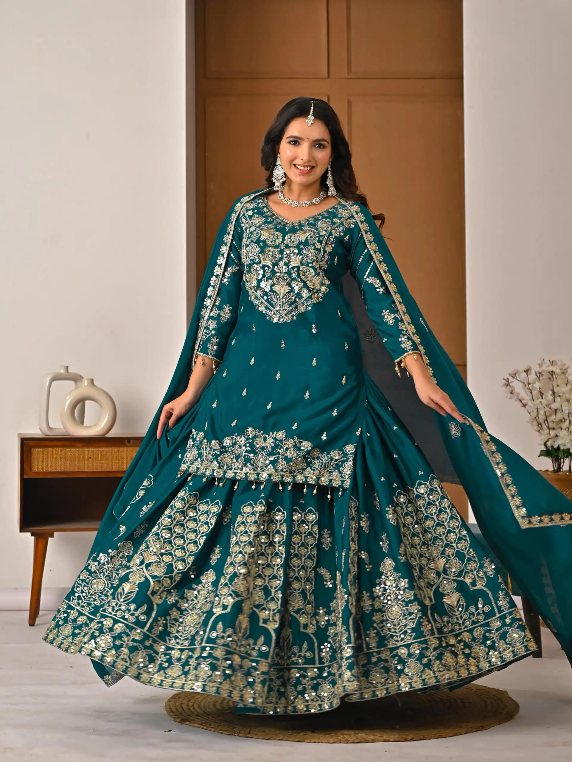 NF 1245 Teal Chinon Silk Lehenga Choli with Embroidery Work & Zari Work. Now at just ₹2449. Delivery 4-6 Working Days. Shop now. | Lehenga, Bollywood Lehenga, Creative Lehenga, Designer Lehenga, Embroidered Lehenga, Party Wear Lehenga