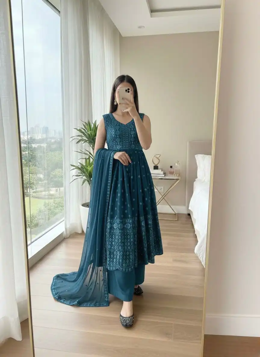 Teal Georgette With Sequence Work Salwar Suit - Image 2