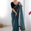 Teal Soft Twil Net Silk Embroidery Work Saree