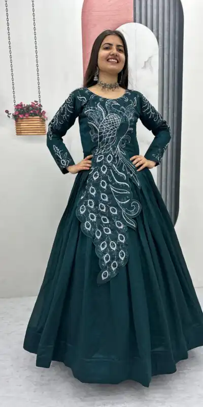 PC 564 Teal Vichitra Silk Gown Perfect for Wedding, Party, Holi, Anniversary, Mehendi β. Grab it for βΉ2049. Delivery 4-6 Working Days. Shop now. | Gowns, Bollywood Gowns, Creative Gowns, Designer Gowns, Embroidered Gowns, Party Wear Gowns