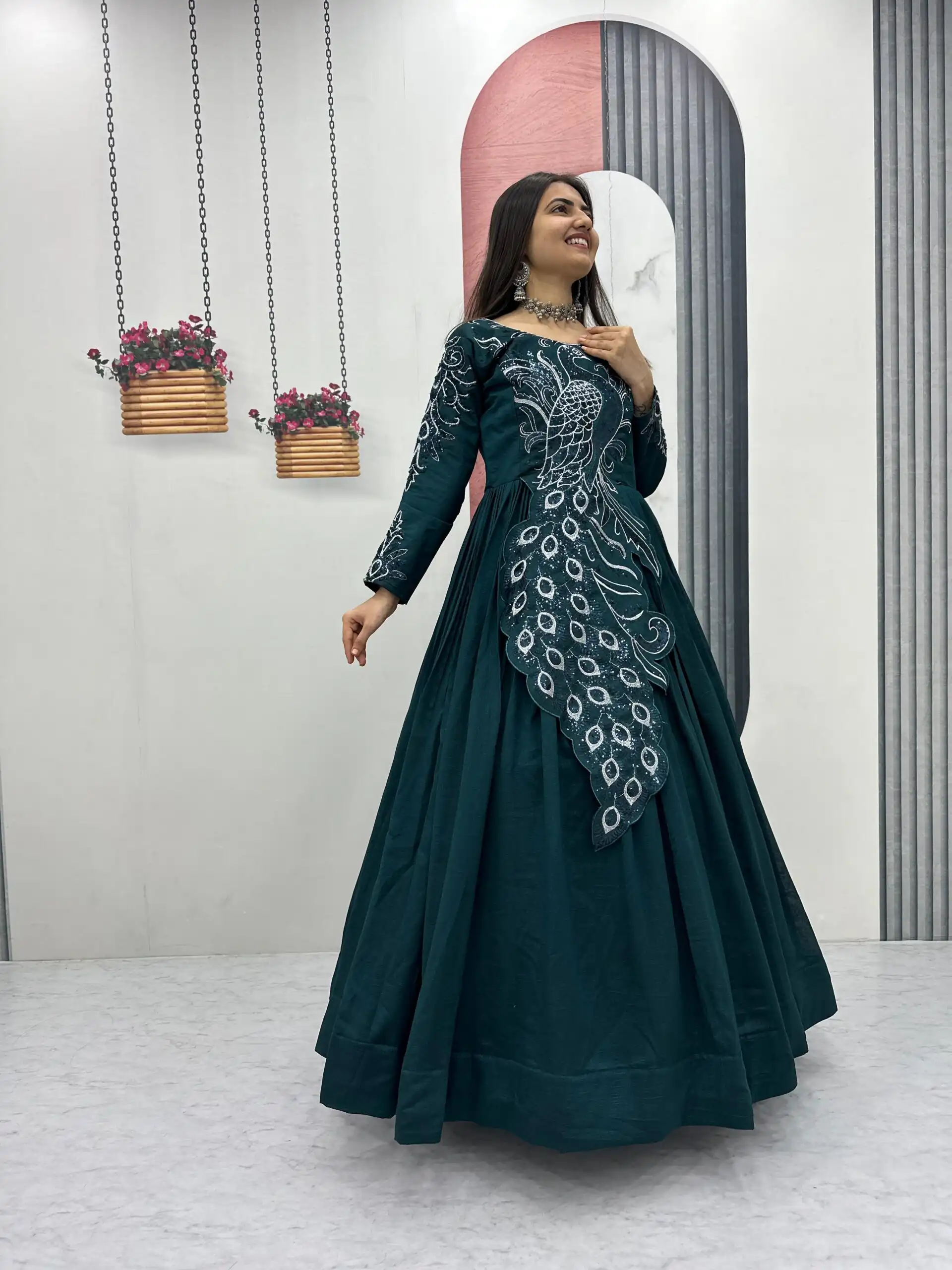 Teal Vichitra Silk Embroider Sequins Work Gown - Image 2