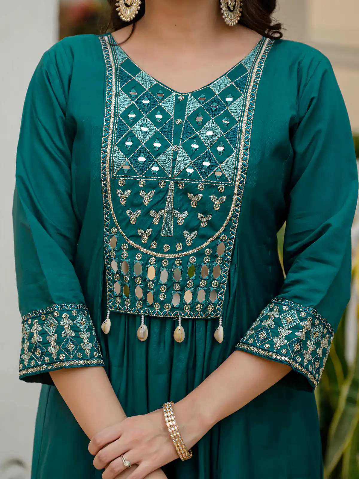 Teal Viscose Roman Silk Mirror Work Anarkali Suit - Image 3